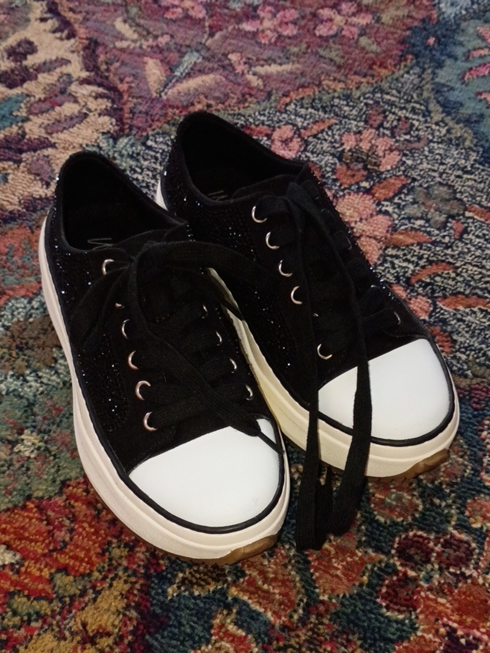 Wild Pair Black Glitter Platform Sneakers with White Toe Caps